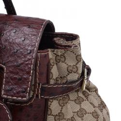 Pre Owned Gucci Brown Monogram Canvas Ostrich Leather Large Queen Top Handle Bag
