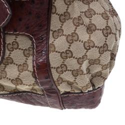 Pre Owned Gucci Brown Monogram Canvas Ostrich Leather Large Queen Top Handle Bag
