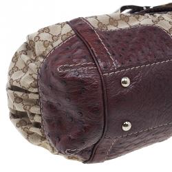 Pre Owned Gucci Brown Monogram Canvas Ostrich Leather Large Queen Top Handle Bag
