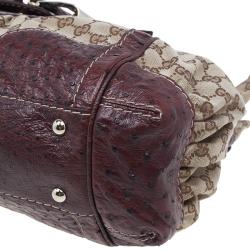 Pre Owned Gucci Brown Monogram Canvas Ostrich Leather Large Queen Top Handle Bag