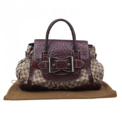 Pre Owned Gucci Brown Monogram Canvas Ostrich Leather Large Queen Top Handle Bag