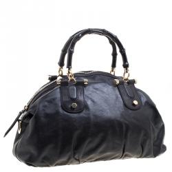 Pre Owned Gucci Black Leather Pop Bamboo Top Handle Bag