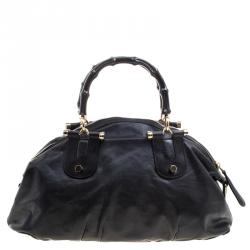 Pre Owned Gucci Black Leather Pop Bamboo Top Handle Bag