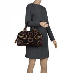 مملوكة مسبقًا حقيبة غوتشي بوسطن كانفاس طباعة هورسبيت بامبو بنية داكنة