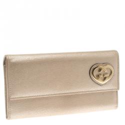 Pre Owned Gucci Metallic Beige Leather Lovely Heart Continental Wallet