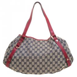 Pre Owned Gucci Navy Blue/Red GG Canvas Abbey D-Ring Shoulder Bag