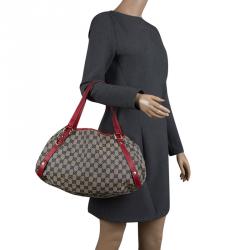 Pre Owned Gucci Navy Blue/Red GG Canvas Abbey D-Ring Shoulder Bag