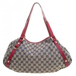 Pre Owned Gucci Navy Blue/Red GG Canvas Abbey D-Ring Shoulder Bag
