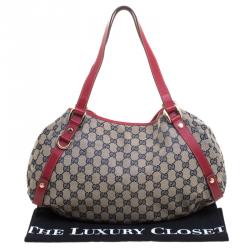 Pre Owned Gucci Navy Blue/Red GG Canvas Abbey D-Ring Shoulder Bag