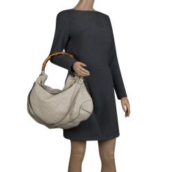 Pre Owned Gucci Off White Guccissima Leather Peggy Bamboo Top Handle Bag