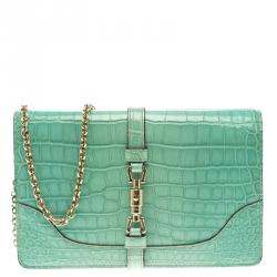 Pre Owned حقيبة كلاتش غوتشي جاكي جلد تمساح خصراء تركواز