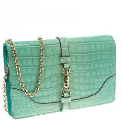 Pre Owned حقيبة كلاتش غوتشي جاكي جلد تمساح خصراء تركواز