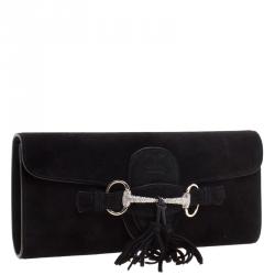 Pre Owned Gucci Black Suede Crystal Horsebit Broadway Clutch