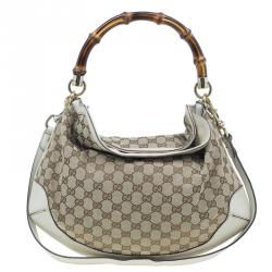 Pre Owned Gucci Beige Monogram Canvas Bamboo Handle Hobo Bag
