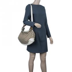 Pre Owned Gucci Beige Monogram Canvas Bamboo Handle Hobo Bag