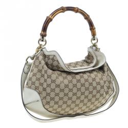 Pre Owned Gucci Beige Monogram Canvas Bamboo Handle Hobo Bag