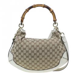Pre Owned Gucci Beige Monogram Canvas Bamboo Handle Hobo Bag