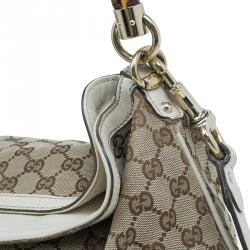 Pre Owned Gucci Beige Monogram Canvas Bamboo Handle Hobo Bag