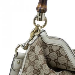 Pre Owned Gucci Beige Monogram Canvas Bamboo Handle Hobo Bag