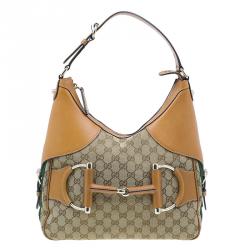 مملوكة مسبقًا Gucci Brown Leather Canvas Medium Web Horsebit Heritage Hobo