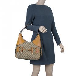 مملوكة مسبقًا Gucci Brown Leather Canvas Medium Web Horsebit Heritage Hobo