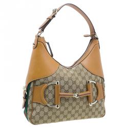 مملوكة مسبقًا Gucci Brown Leather Canvas Medium Web Horsebit Heritage Hobo
