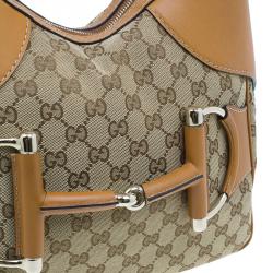 مملوكة مسبقًا Gucci Brown Leather Canvas Medium Web Horsebit Heritage Hobo