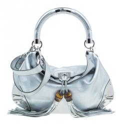 Pre Owned Gucci Silver Leather Indy Top Handle Hobo Bag