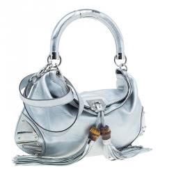Pre Owned Gucci Silver Leather Indy Top Handle Hobo Bag