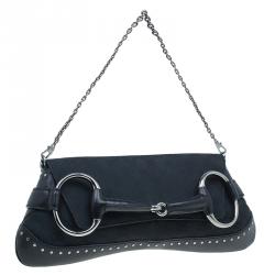 Pre Owned Gucci Black Canvas Studded Horsebit Chain Clutch