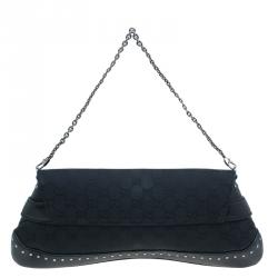 Pre Owned Gucci Black Canvas Studded Horsebit Chain Clutch