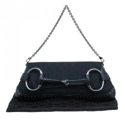 Pre Owned Gucci Black Canvas Studded Horsebit Chain Clutch