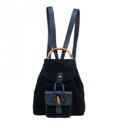 Pre Owned Gucci Black Suede/Leather Mini Bamboo Handle Backpack Bag