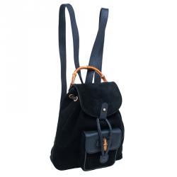 Pre Owned Gucci Black Suede/Leather Mini Bamboo Handle Backpack Bag