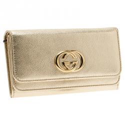 Pre Owned محفظة غوتشي كونتيننتال طية إغلاق شعار GG جلد ذهبي ميتاليك