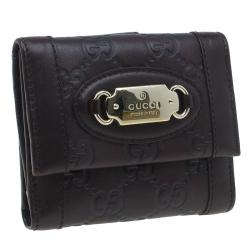 Pre Owned Gucci Brown Monogram Leather Compact Wallet
