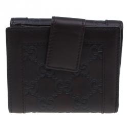 Pre Owned Gucci Brown Monogram Leather Compact Wallet