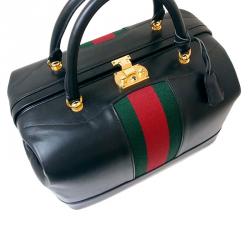 مملوكة مسبقًا حقيبة يد بوسطن غوتشي ويب جلد عجل سوداء