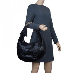 مملوكة مسبقًا حقيبة غوتشي سيينا هورسبيت جلد ثعبان أسود بشراشيب