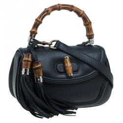 Pre Owned Gucci Black Leather Small New Bamboo Top Handle Bag
