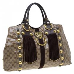 Pre Owned حقيبة يد غوتشي بوبوسكا هارت كانفاس مقوى كريستال GG بيج/بني داكن كبيرة