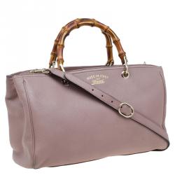Pre Owned Gucci Light Pink Pebbled Leather Medium Bamboo Top Handle Bag