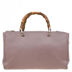 Pre Owned Gucci Light Pink Pebbled Leather Medium Bamboo Top Handle Bag