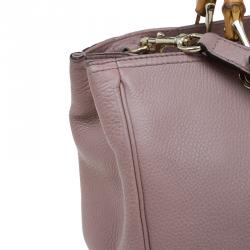 Pre Owned Gucci Light Pink Pebbled Leather Medium Bamboo Top Handle Bag