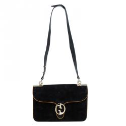 مملوكة مسبقًا حقيبة كتف غوتشي قلاب G دابل 1973 متوسطة سويدي أسود