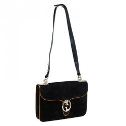 مملوكة مسبقًا حقيبة كتف غوتشي قلاب G دابل 1973 متوسطة سويدي أسود