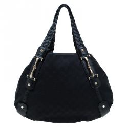 Pre Owned Gucci Black GG Canvas Medium Horsebit Pelham Shoulder Bag