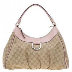 Pre Owned Gucci Biege/Pink GG Canvas Large D Ring Hobo