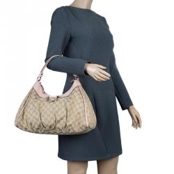 Pre Owned Gucci Biege/Pink GG Canvas Large D Ring Hobo