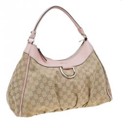 Pre Owned Gucci Biege/Pink GG Canvas Large D Ring Hobo